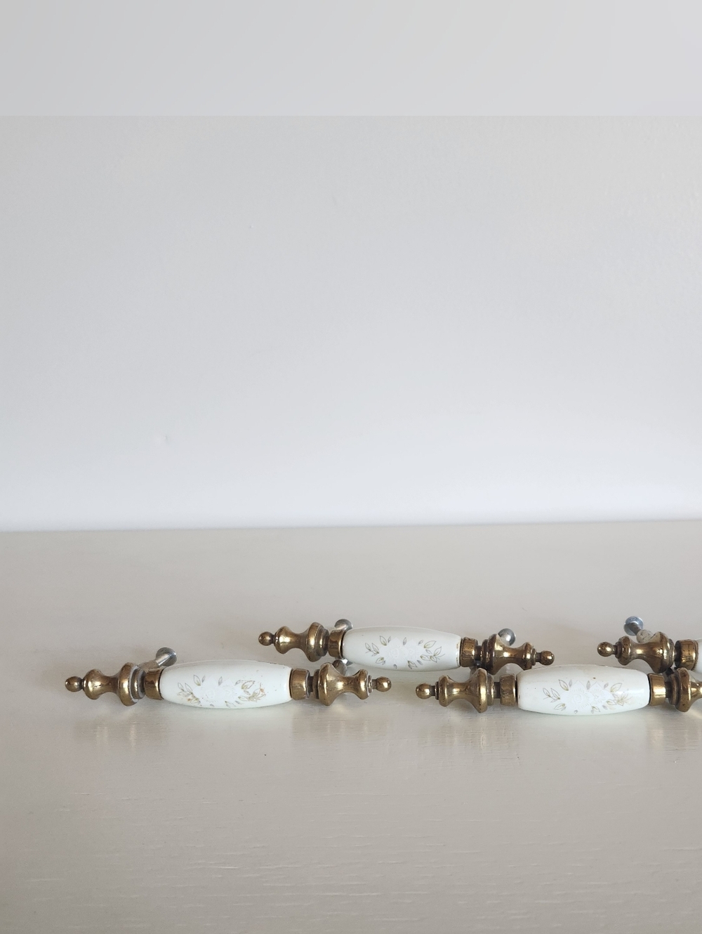 Vintage Brass Flower White Cream Drawer Handle Pulls Cabinet Hardware Cottage